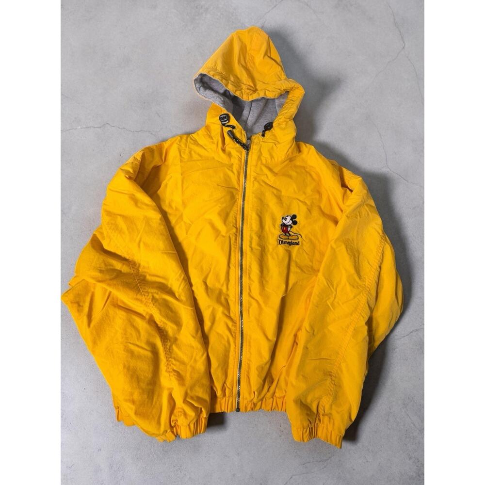 Vintage Disneyland Mickey Mouse Jacket Hooded Nylon Spell Out Yellow Lined Large - Picture 1 of 6